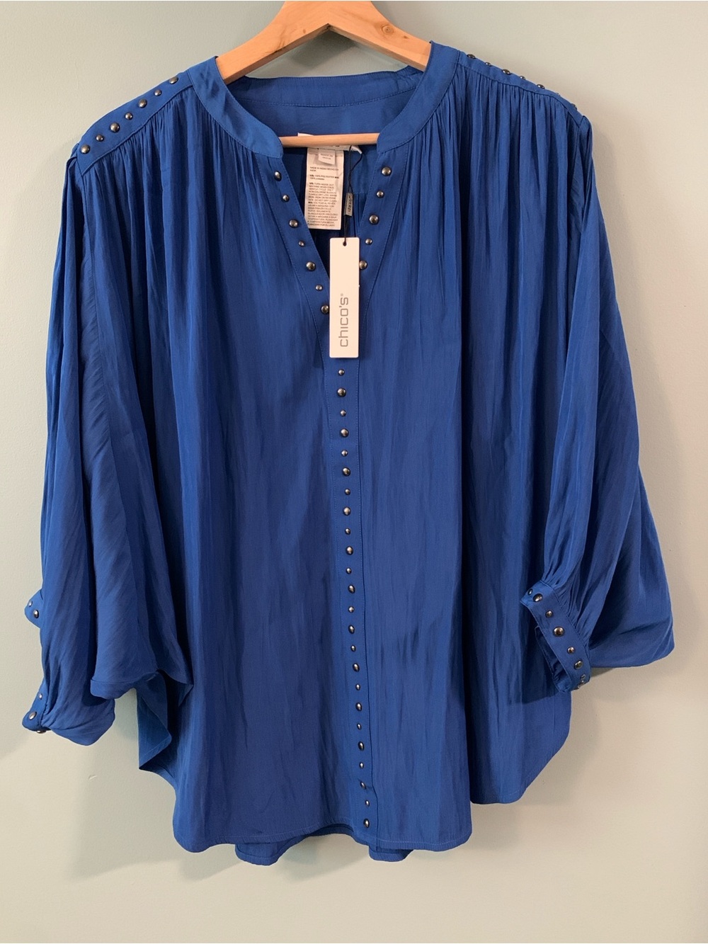 Chico's Cobalt Blue Stud-Trim Peasant Top